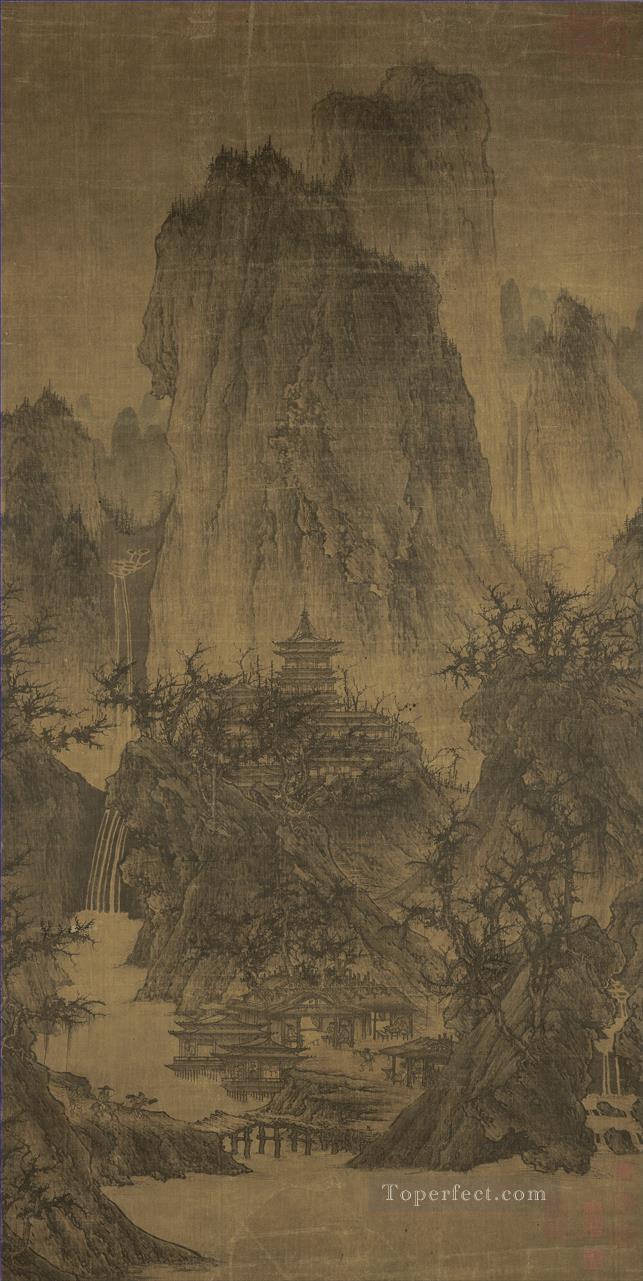 切り開かれた峰々の中にある孤立した寺院 960 Li Cheng 繁体字中国語油絵